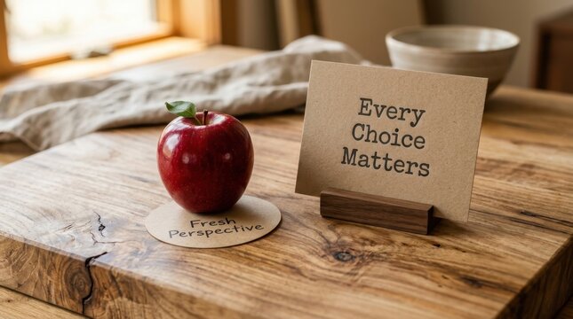 Red organic apple sits on a paper coaster with fresh perspective text next to a cardboard sign saying every choice matters placed on a weathered wooden kitchen table symbolizing healthy mindful