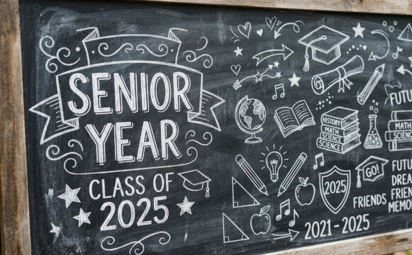 Senior Year Class of 2025 Chalkboard Sign with Education Doodles for Graduation Celebration and School Memories Design