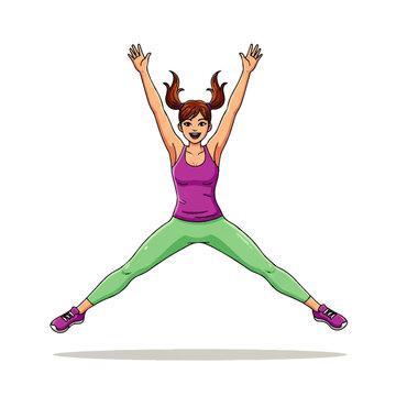 Illustration of a woman in sportswear performing a star jump.