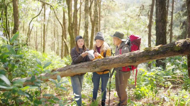 Group of Asian adult friends hiking in forest checking paper map together backpack travelers planning route on woodland trail. People enjoy outdoor adventure active lifestyle, nature travel exploratio