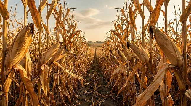 Farming nampa agricultural landscape featuring a golden corn field during sunset with dry stalks ready for harvest in a rural countryside setting view