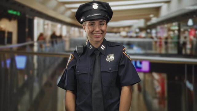 Woman police officer smiling with badge and radio visible, hands relaxed in building shopping mall corridor; friendly security.