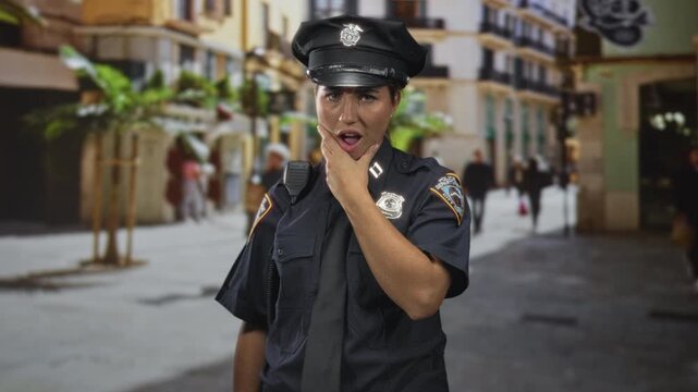 Woman police officer with hand to face, looking surprised on a pedestrian street; surprise vigilance.