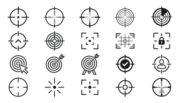 Target and crosshair icon set featuring aim reticles sniper rifle scopes radar tracking dartboards and business goal focus symbols