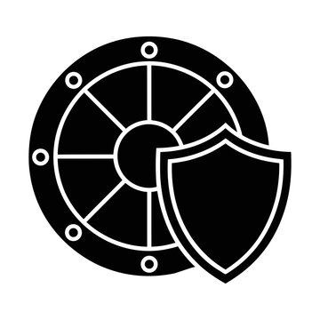 Round shield with defensive armor plate sign for cyber security safety.