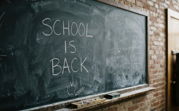 Blackboard with School is Back chalk lettering and math formulas for education and academic concepts