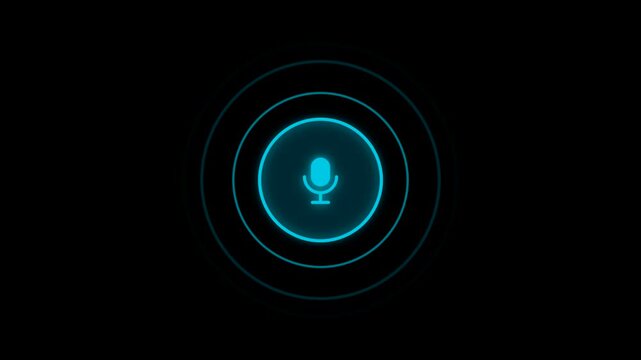 Futuristic voice activation glowing blue microphone icon with concentric sound waves