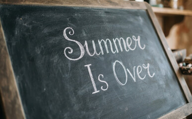 Fototapeta premium Chalkboard with the handwritten text Summer Is Over on a dark background, concept of end of vacation and back to school season