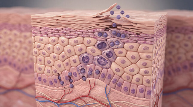 3d render of human skin tissue cross section showing virus infection and cellular damage in layers