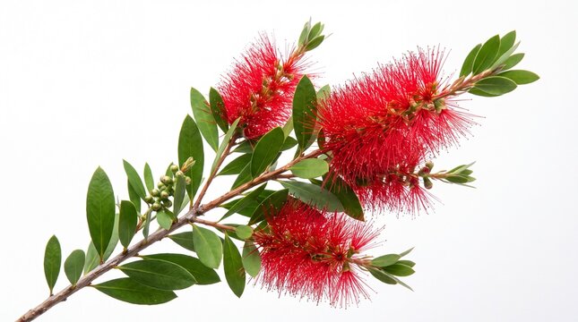 A vibrant branch of red bottlebrush flowers with green leaves isolated on a clean white background