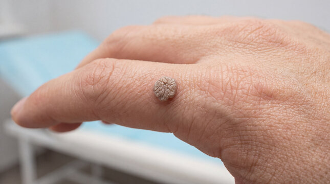 Wart on human skin close up showing viral skin lesion and dermatology medical condition