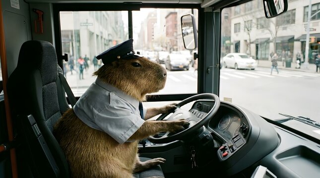 Caped Driver Capable Capybara in Uniform Steering Bus Cabin