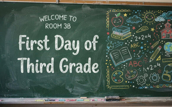 Welcome to Room 3B First Day of Third Grade Classroom Chalkboard Banner Background Design