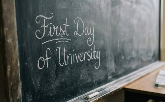 First Day of University written in chalk on a classroom chalkboard depicting education, college, and academic beginning concepts