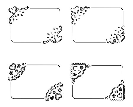 Romantic heart and ribbon doodle border frame coloring page vector collection