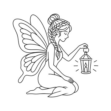 Beautiful kneeling fairy with magical lantern fantasy coloring page line art