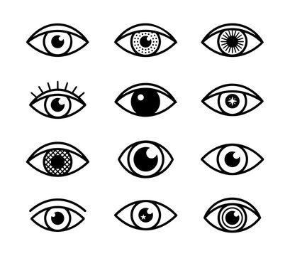 Collection of various creative human eye vision symbols line art icon set