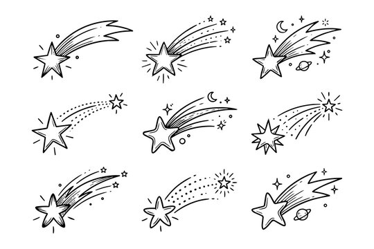 Celestial shooting star and comet collection hand drawn doodle sketch vector