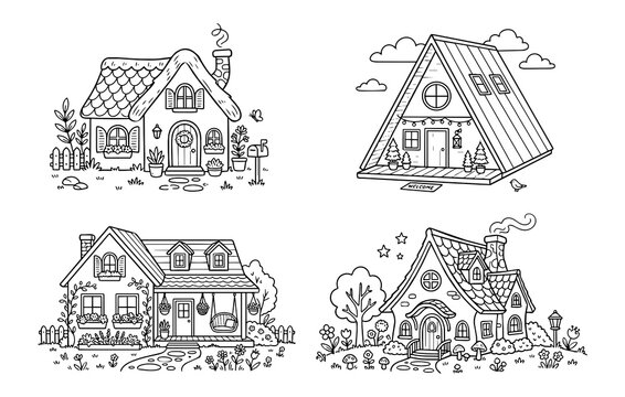 Cozy hand drawn cottage and cabin house coloring page vector doodles set