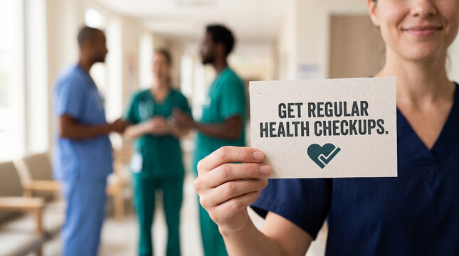 Healthcare Team Holding Get Regular Health Checkups Sign