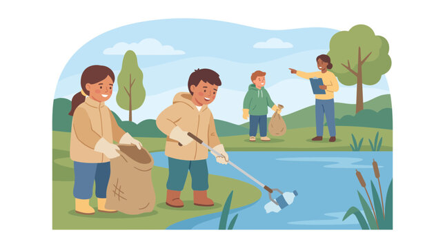 Group of children and a teacher cleaning up trash near a pond in a park.