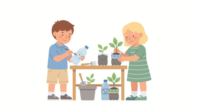 Children planting seedlings in recycled plastic bottles for an eco friendly gardening project.