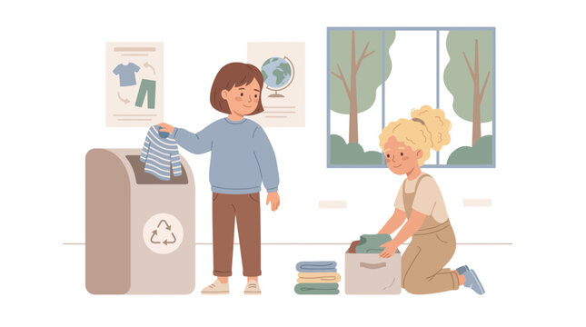 Two young girls sorting and recycling old clothes in a sustainable home environment.