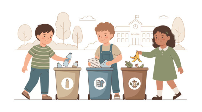 Diverse children sorting waste into different recycling bins in front of a school building illustration.