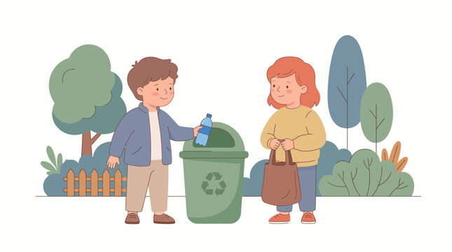 Cute children recycling plastic bottle and holding eco friendly bag in park illustration.