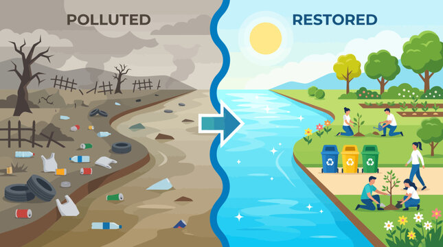 Comparison illustration showing environmental pollution versus ecological restoration and nature conservation efforts.