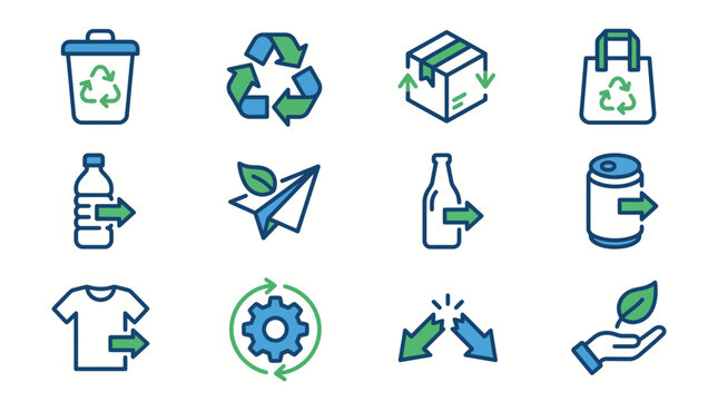 Set of flat line icons representing recycling and sustainable environmental practices for green living.