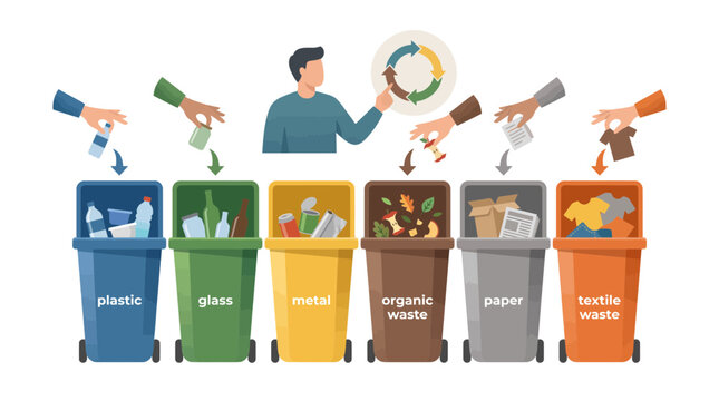 Illustration of a man explaining the process of sorting waste into different colored recycling bins.
