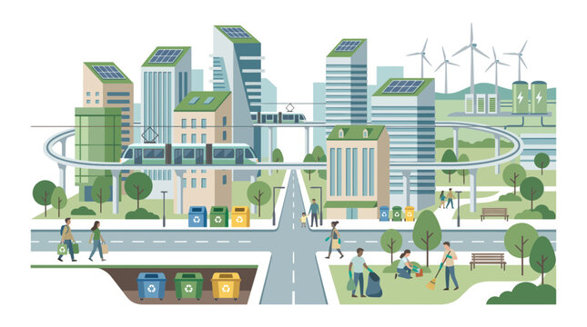 Illustration of a sustainable eco-friendly city with renewable energy and recycling practices.
