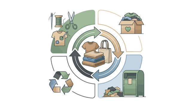 Circular economy concept for sustainable fashion and clothing recycling process with icons.