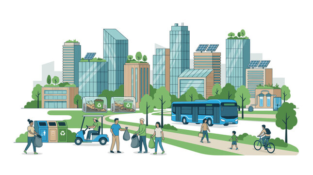 Illustration of a sustainable city with green buildings and people engaging in eco-friendly activities.