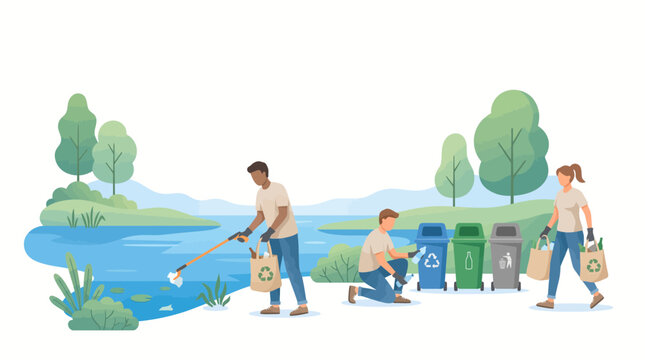 Diverse group of volunteers cleaning up trash and litter from a riverbank to protect the environment.