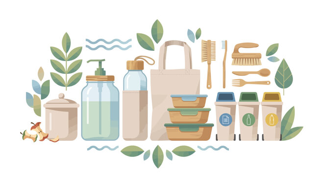 Set of eco friendly zero waste lifestyle items with reusable containers and recycling bins.