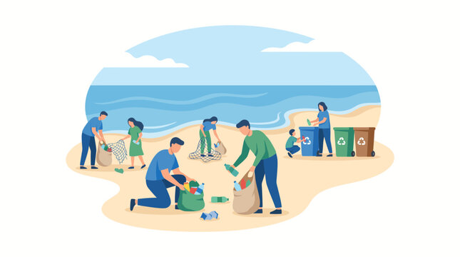 Group of volunteers cleaning up plastic waste and garbage on a sandy beach.