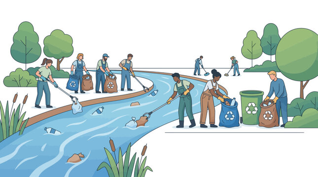 Group of volunteers cleaning plastic trash from a river bank in nature.