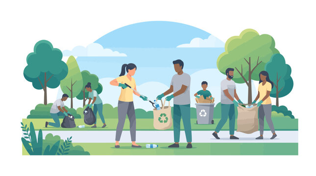 Diverse group of volunteers cleaning up trash in a public park to protect the environment.
