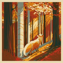 Naklejka premium A fox stands in an autumn forest surrounded by tall trees. Leaves fall around it, creating a vibrant scene in the woods.