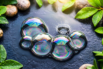 Obraz premium Iridescent soap bubbles with water splash on wet stones