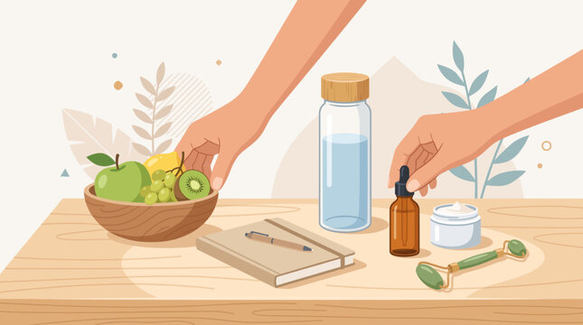 A flat lay illustration of healthy self-care products and fresh fruit on a wooden surface, with hands reaching for the items. The scene includes a bowl of fruit, a journal, a water bottle.