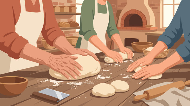 A group of people are kneading dough on a wooden table in a warm, rustic kitchen. Baking ingredients and a pizza oven are visible in the background