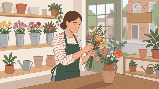 A florist arranges a beautiful bouquet of flowers in a shop. The florist wears an apron and has a calm expression on her face as she works with colorful blooms