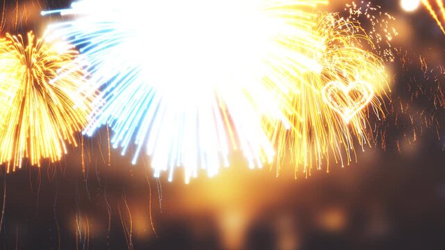 3D Render A dynamic video sequence showcasing colorful fireworks exploding in a night sky.