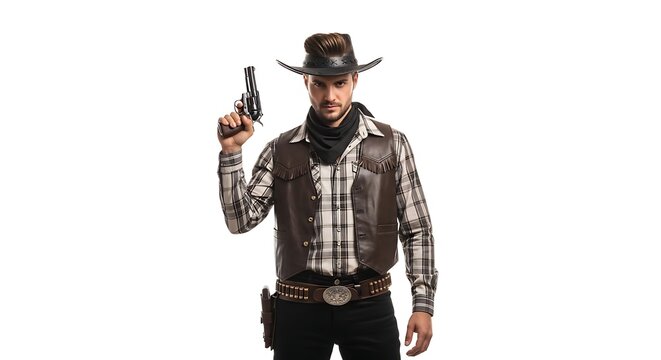 Man wearing cowboy hat and sunglasses holding gun.