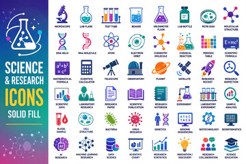 Fototapeta premium Science and research icons set featuring colorful vector symbols for laboratory work, education, and technology concepts