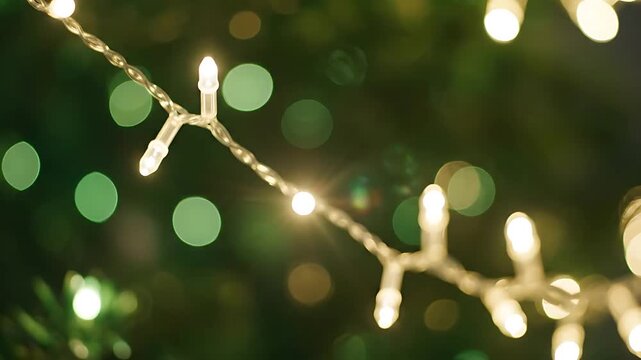 Glowing Christmas string lights with warm soft bokeh green background for holiday celebration and festive season backdrop