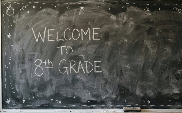 Welcome to 8th Grade Chalkboard Sign in Classroom for Middle School Student Back to School Concept